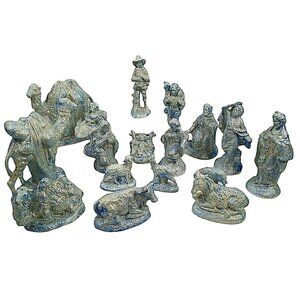 Handcrafted Nativity Figurine Set 17-Piece White & Blue Crackle Ceramic Pre-Owne